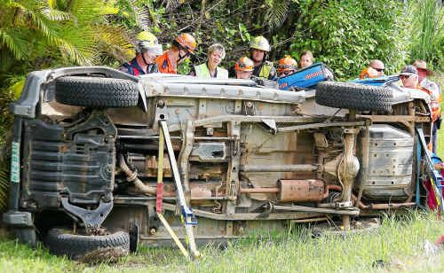 Emergency crews had to cut a man from this wreck on the Pacific Highway at Korora. Emergency crews had to cut a man from this wreck on the Pacific Highway at Korora.